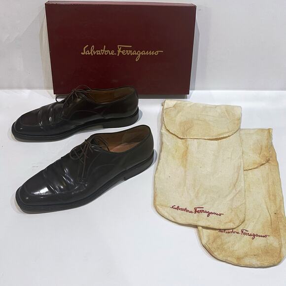 Salvatore Ferragamo 8.5 D Corrado Lace Oxford Brown Leather VTG Italy Authentic main image 6